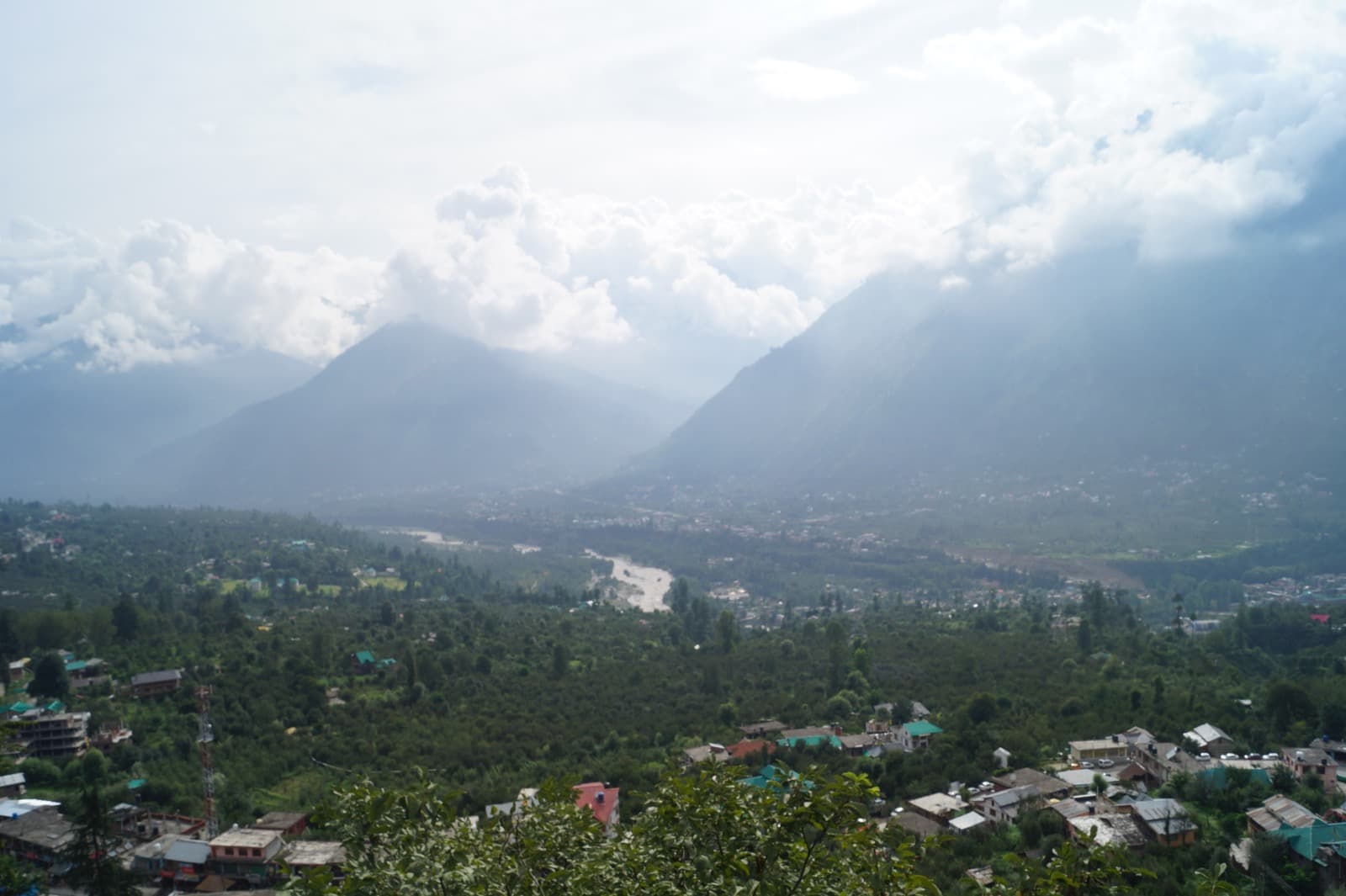 Valley view and river bend near Naggar under cloud and light